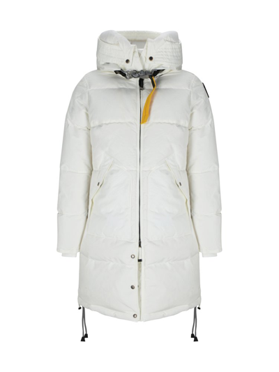 Shop Parajumpers Long Bear Logo Patch Hooded Down Coat In White