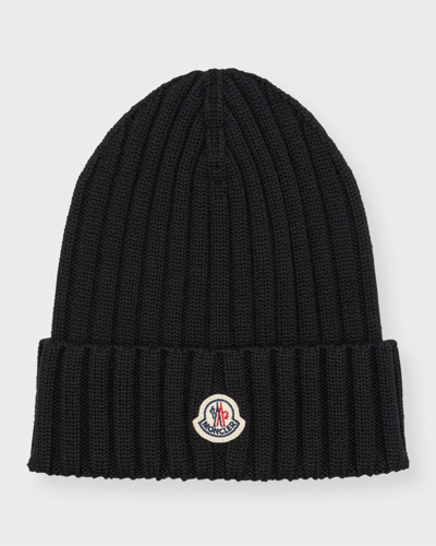 Shop Moncler Ribbed Wool Beanie With Logo Patch In Black
