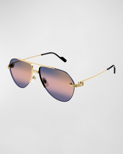 Shop Cartier Men's Ct0427sm Metal Aviator Sunglasses In 008 Blue Gold