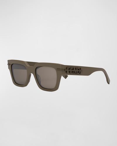 Shop Fendi Men's Tonal Logo Acetate Square Sunglasses In Matte Light Brown