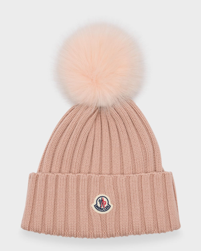 Shop Moncler Ribbed Wool Beanie With Faux Fur Pom In Beige