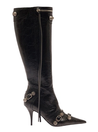 Shop Balenciaga 'cagole' White Pointed High-boots With Studs And Buckles In Leather Woman In Black