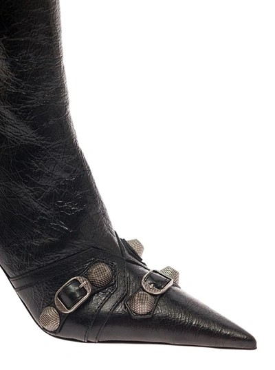 Shop Balenciaga 'cagole' White Pointed High-boots With Studs And Buckles In Leather Woman In Black