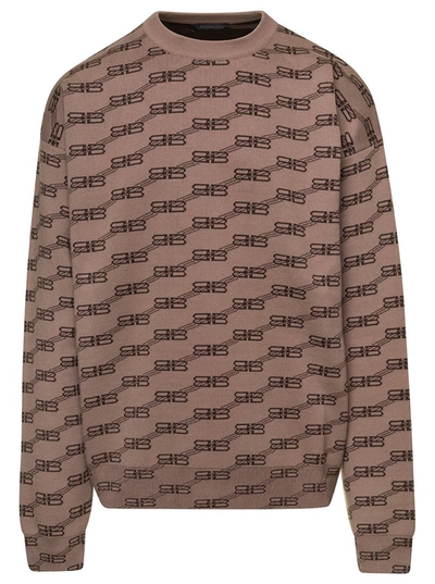 Shop Balenciaga Beige Knit Sweater With All-over Monogram Jacquard In Cotton Blend Man