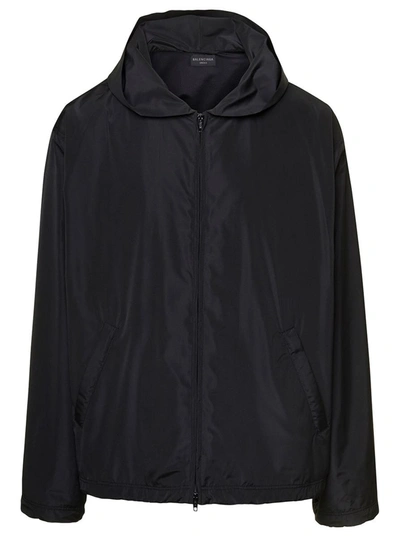 Shop Balenciaga Black Hooded Windbreaker With Contrasting Logo Print At The Back In Polyester Blend Man