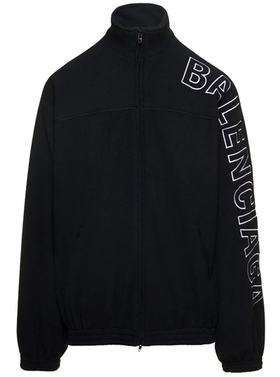 Shop Balenciaga Black Oversized Jacket With Turtleneck And Contrasting Lettering In Brushed Fleece Man