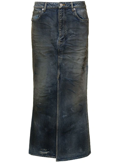 Shop Balenciaga Dark Blue Maxi Skirt With Crinkled Effect With Logo Patch In Cotton Denim Woman