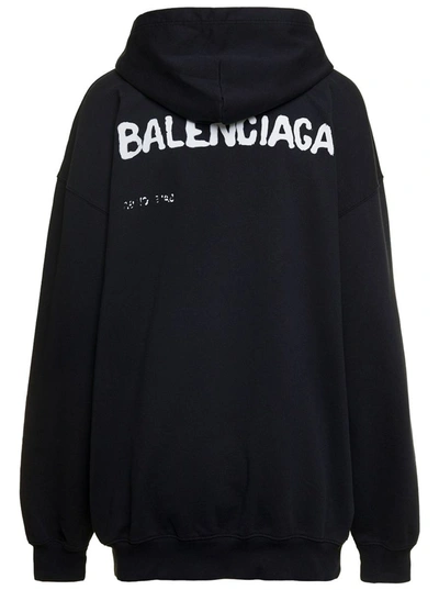 Shop Balenciaga Oversized Black Hoodie With Hand-drawn Logo Print In Cotton Woman
