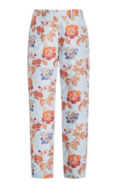 Shop Etro Floral-jacquard High-rise Slim-leg Cropped Trousers In Blue