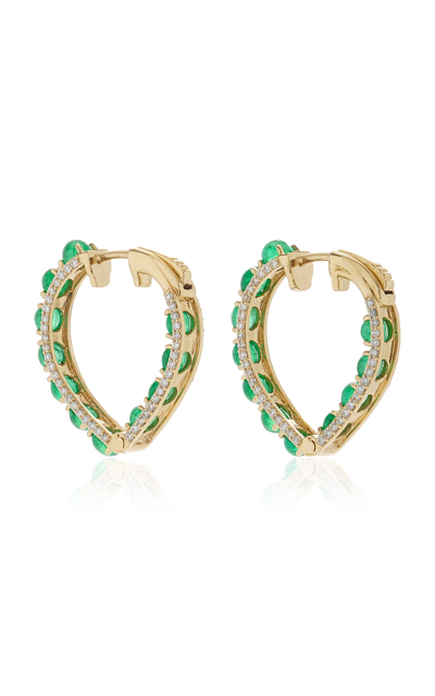 Shop Goshwara 18k Yellow Gold Emerald And Diamond Hoop Earrings In Green