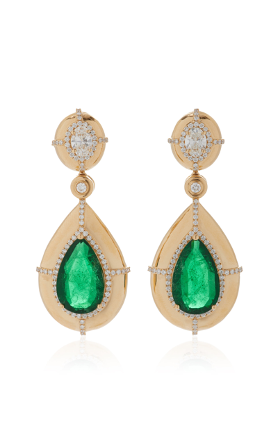 Shop Goshwara 18k Yellow Gold Emerald And Diamond Earrings In Green