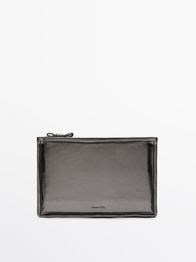 Shop Massimo Dutti Nappa Leather Clutch With Knot Detail In Silver