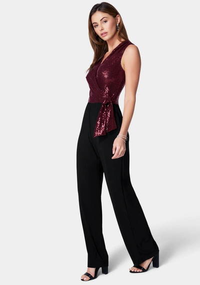 Bebe Disco Dot Wrap Tie Jumpsuit In Wine,black