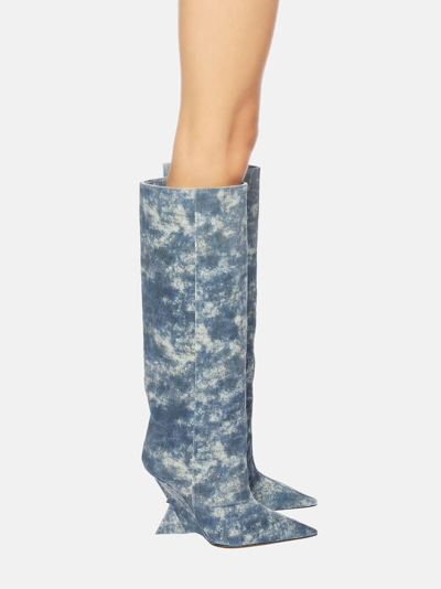 Attico Denim-print Heeled Boots In Blue Denim