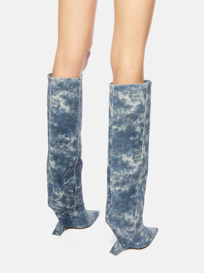 Attico Denim-print Heeled Boots In Blue Denim