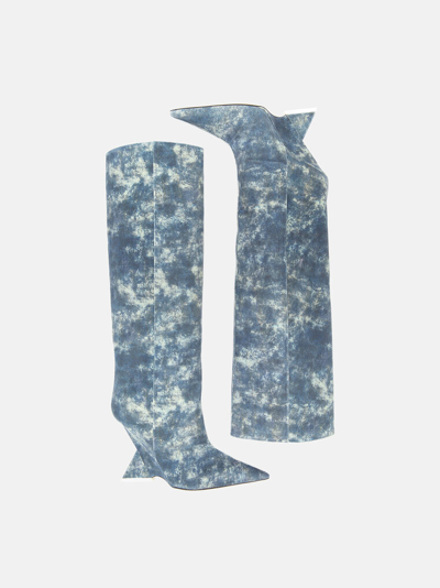 Attico Denim-print Heeled Boots In Blue Denim