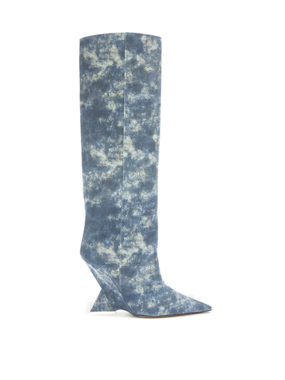 Attico Denim-print Heeled Boots In Blue Denim