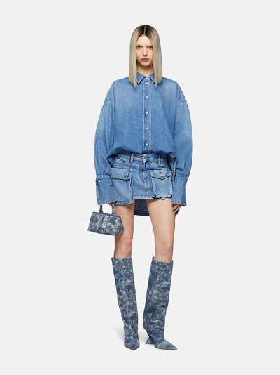 Attico Blue Shirt With Classic Collar And Embroidered Detail On The Front In Cotton Woman In Washed Blue