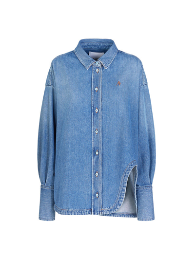 Attico Blue Shirt With Classic Collar And Embroidered Detail On The Front In Cotton Woman In Washed Blue