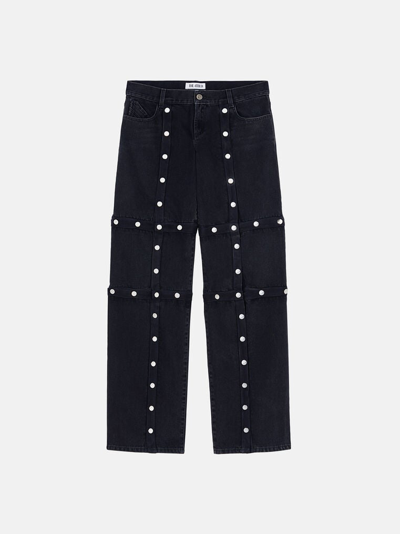 Attico Black Cotton Denim Pants With Logoed Snap Buttons For Women In Black