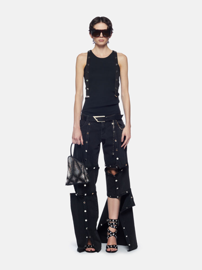 Attico Black Cotton Denim Pants With Logoed Snap Buttons For Women In Black
