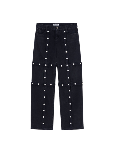 Attico Black Cotton Denim Pants With Logoed Snap Buttons For Women In Black