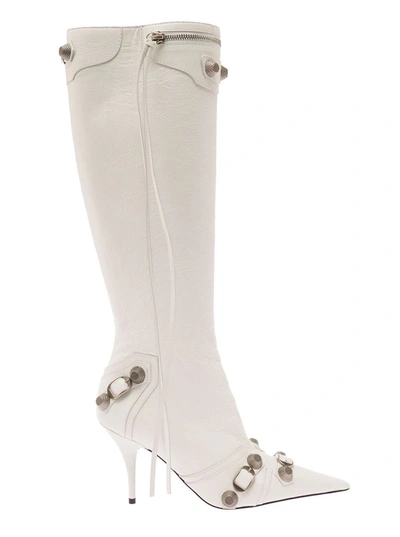 Shop Balenciaga 'cagole' White Pointed High-boots With Studs And Buckles In Leather Woman