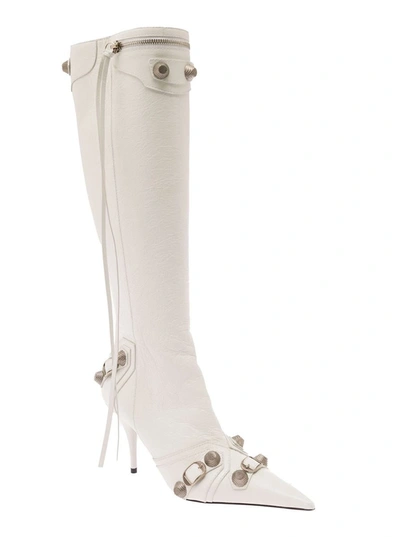 Shop Balenciaga 'cagole' White Pointed High-boots With Studs And Buckles In Leather Woman