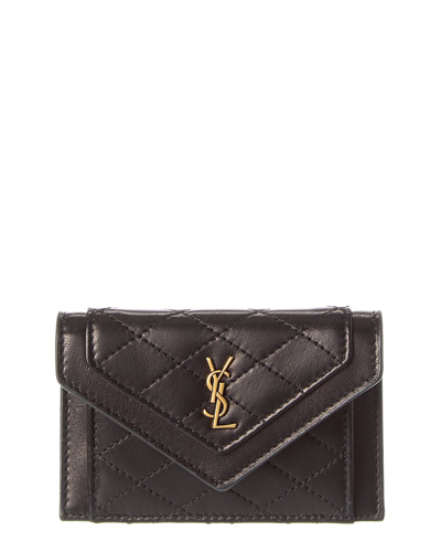 Shop Saint Laurent Gaby Flap Quilted Leather Card Case In Black