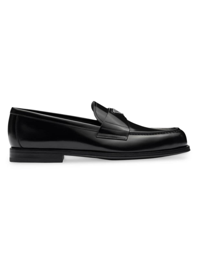 Shop Prada Men's Brushed Leather Loafers In Black