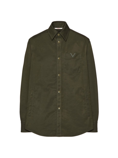 Shop Valentino Men's Nylon Shirt Jacket With Rubberized V Detail In Olive