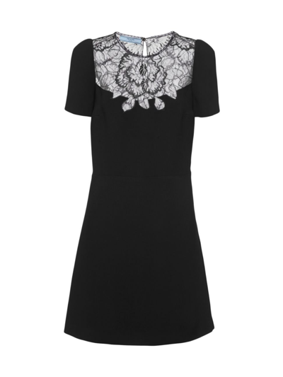 Shop Prada Women's Cady And Lace Mini-dress In Black