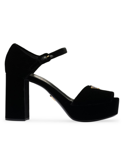 Shop Prada Women's Velvet Platform Sandals In Black