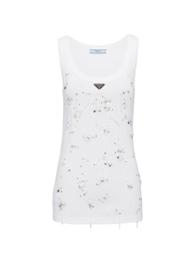 Shop Prada Women's Ribbed Knit Jersey Top With Embroidery In White