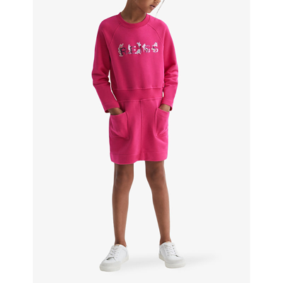 Shop Reiss Janine Logo-print Long-sleeve Cotton-jersey Dress In Pink
