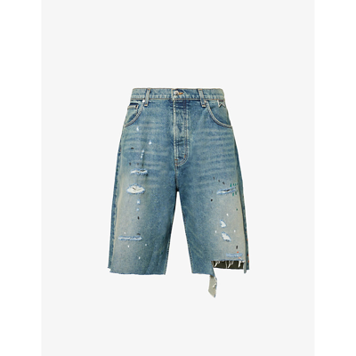 Shop Rhude Men's Indigo Distressed Paint-splattered Stretch-denim Shorts