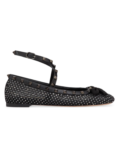 Shop Valentino Women's Rockstud Mesh Ballerina Flats With Crystals And Matching Studs In Black