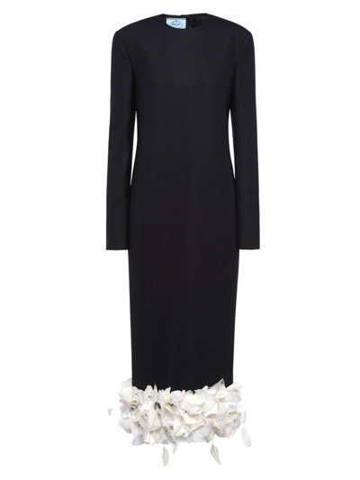 Shop Prada Women's Embroidered Wool Midi-dress In Black