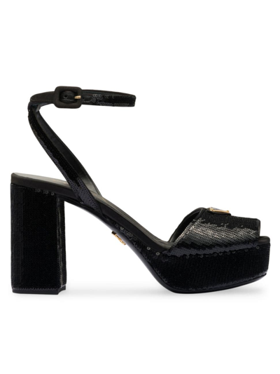 Shop Prada Women's Sequined Satin Platform Sandals In Black