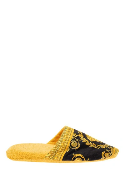 Shop Versace Black And Gold Slippers In Cotton And Terry With Baroque Print In Yellow