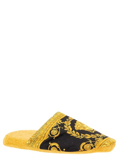 Shop Versace Black And Gold Slippers In Cotton And Terry With Baroque Print In Yellow