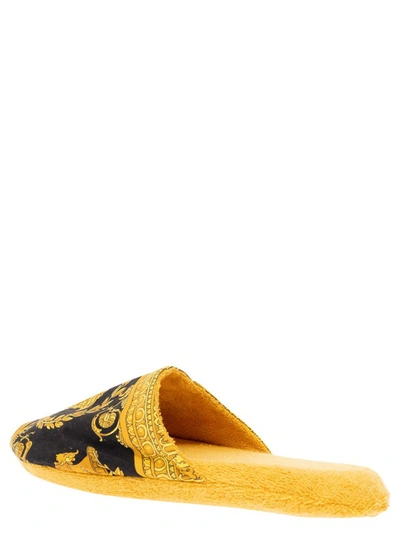 Shop Versace Black And Gold Slippers In Cotton And Terry With Baroque Print In Yellow