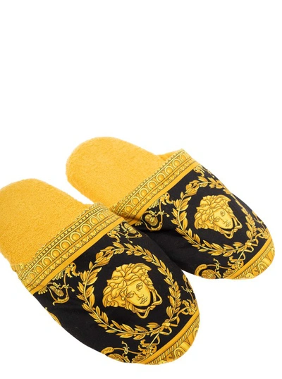 Shop Versace Black And Gold Slippers In Cotton And Terry With Baroque Print In Yellow