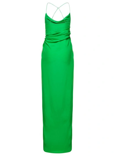 Shop Gauge81 Shiroi' Long Green Dress With Draped Neckline And Split In Silk Woman