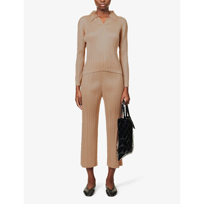 Shop Issey Miyake Pleats Please  Women's Beige October Tapered Mid-rise Knitted Trousers
