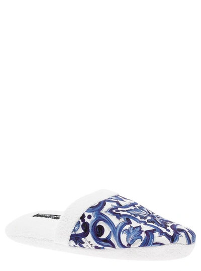 Shop Dolce & Gabbana Mediterranean Blue Slippers In White