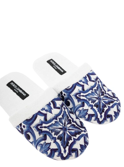 Shop Dolce & Gabbana Mediterranean Blue Slippers In White