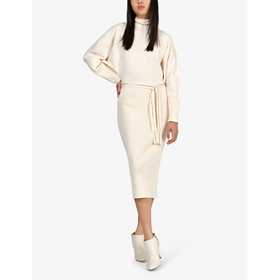 Shop Leem Women's Off White High-neck Belted Knitted Midi Dress