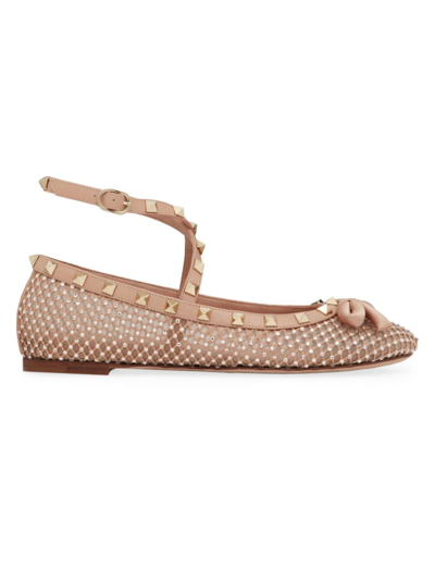 Shop Valentino Women's Rockstud Mesh Ballerina Flats With Crystals In Rose Cannelle