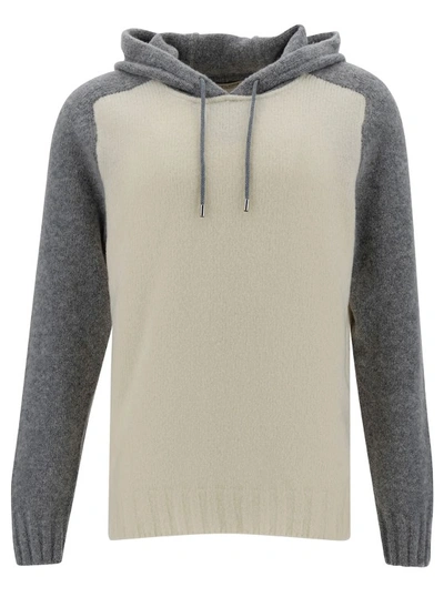 Shop La Fileria White And Grey Hooded Bi-color Sweater In Wool Blend In Neutrals